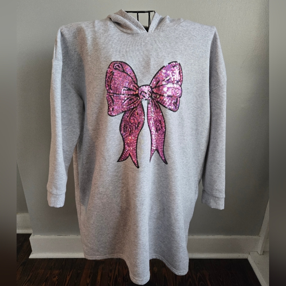 (3/$25) Em & Alfie Gray Hoodie Lounge Dress | Pink Sequin Bow One Size OS